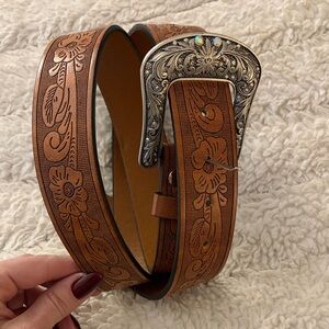 Brown Floral Embossed Belt with Silver Buckle